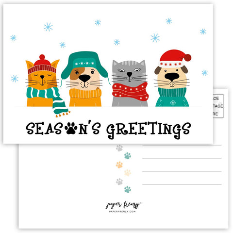 Dogs and Cats Seasons Greetings Christmas Post Cards - 25 pack