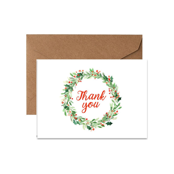 Holiday Wreath Thank You Note Cards with Kraft Envelopes - 25 pack
