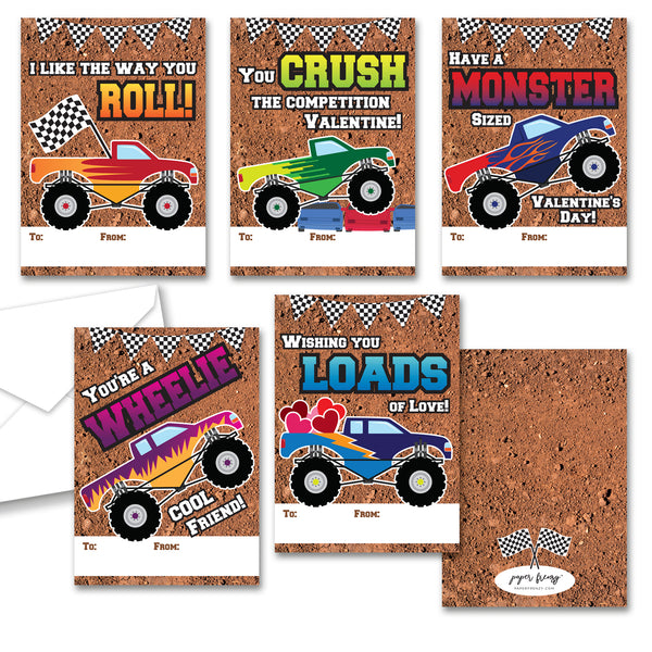 Paper Frenzy Monster Truck Themed Valentines - 25 pack WITH ENVELOPES