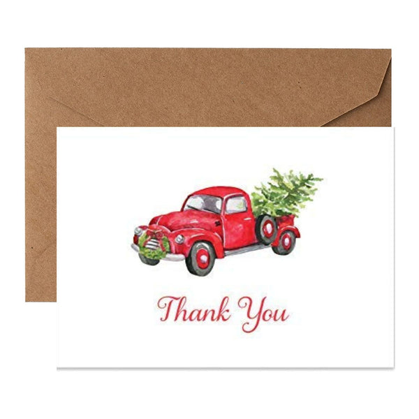 Red Truck with Tree Holiday Thank You Note Cards