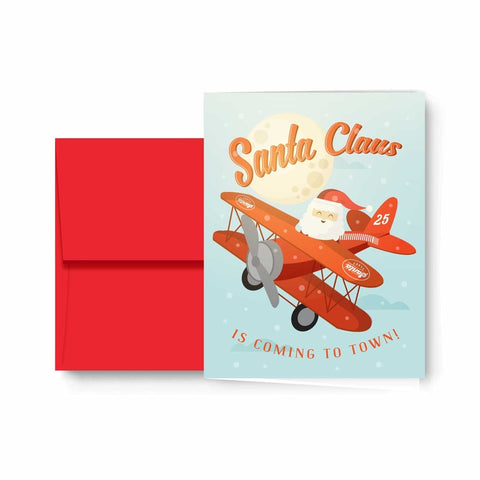 Aviator Pilot Santa in an Airplane Christmas Holiday Cards with Red Envelopes - 25 pack