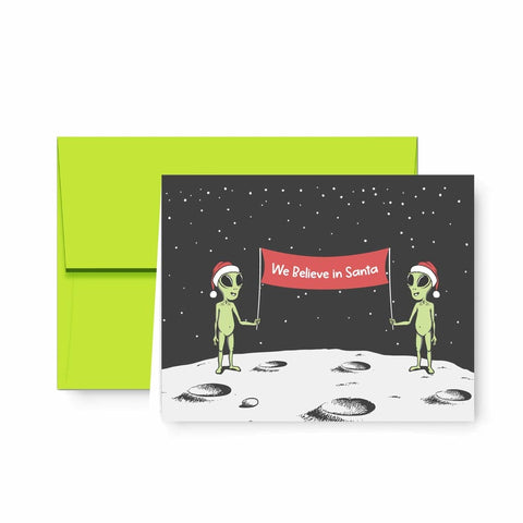Aliens Outer Space We Believe in Santa Funny Humorous Christmas Holiday Cards with Lime Green Envelopes - 25 pack