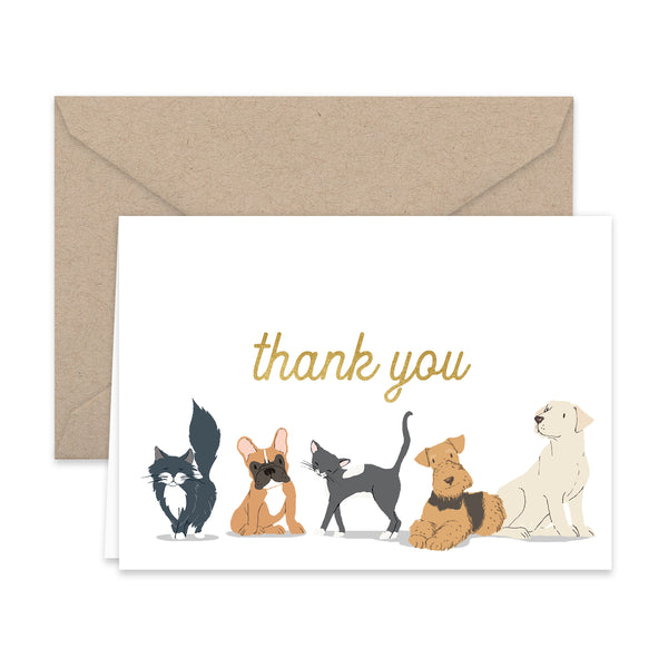 Dog and Cat Thank You Note Cards and Kraft Envelopes
