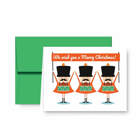 Little Drummer Boy Nutcrackers Christmas Holiday Cards with Green Envelopes - 25 pack