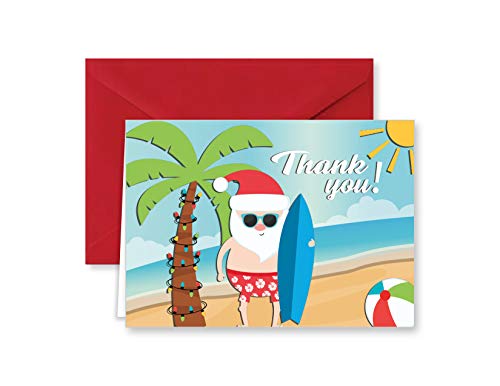 Surfing Santa Tropical Beach Christmas Holiday Thank You Note Cards