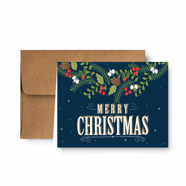 Paper Frenzy Blue Garland Traditional Christmas Holiday Cards with Kraft Envelopes - 25 pack