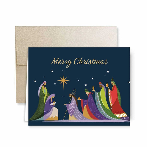 Three Wisemen Bringing Gifts Religious Christmas Holiday Cards with Cocoa Shimmer Envelopes - 25 pack